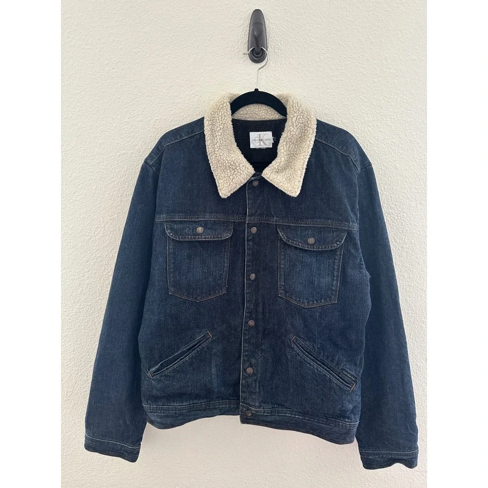 Calvin Klein Jeans Denim Trucker Jacket Mens XL Blue Sherpa Collar Americana